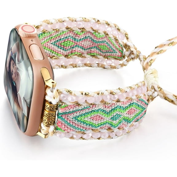 Boho handwoven Apple Watch band, fits 38/40/41/42/44/45/46/49 mm; adjustable beaded strap for Series 1-10, SE & Ultra 2.