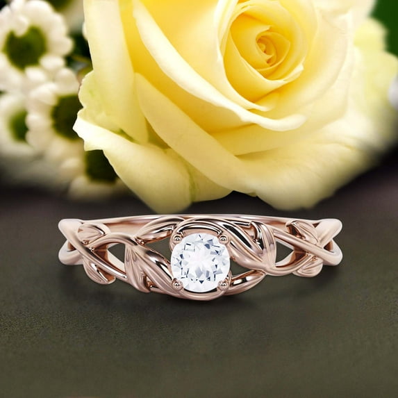 Boho & hippie 0.50 Carat Round Cut Diamond Moissanite Leaf Inspired Engagement Ring, Wedding Ring in 925 Sterling Silver With 18k Rose Gold Plating Gift For Her, Promise Ring, Anniversary Ring