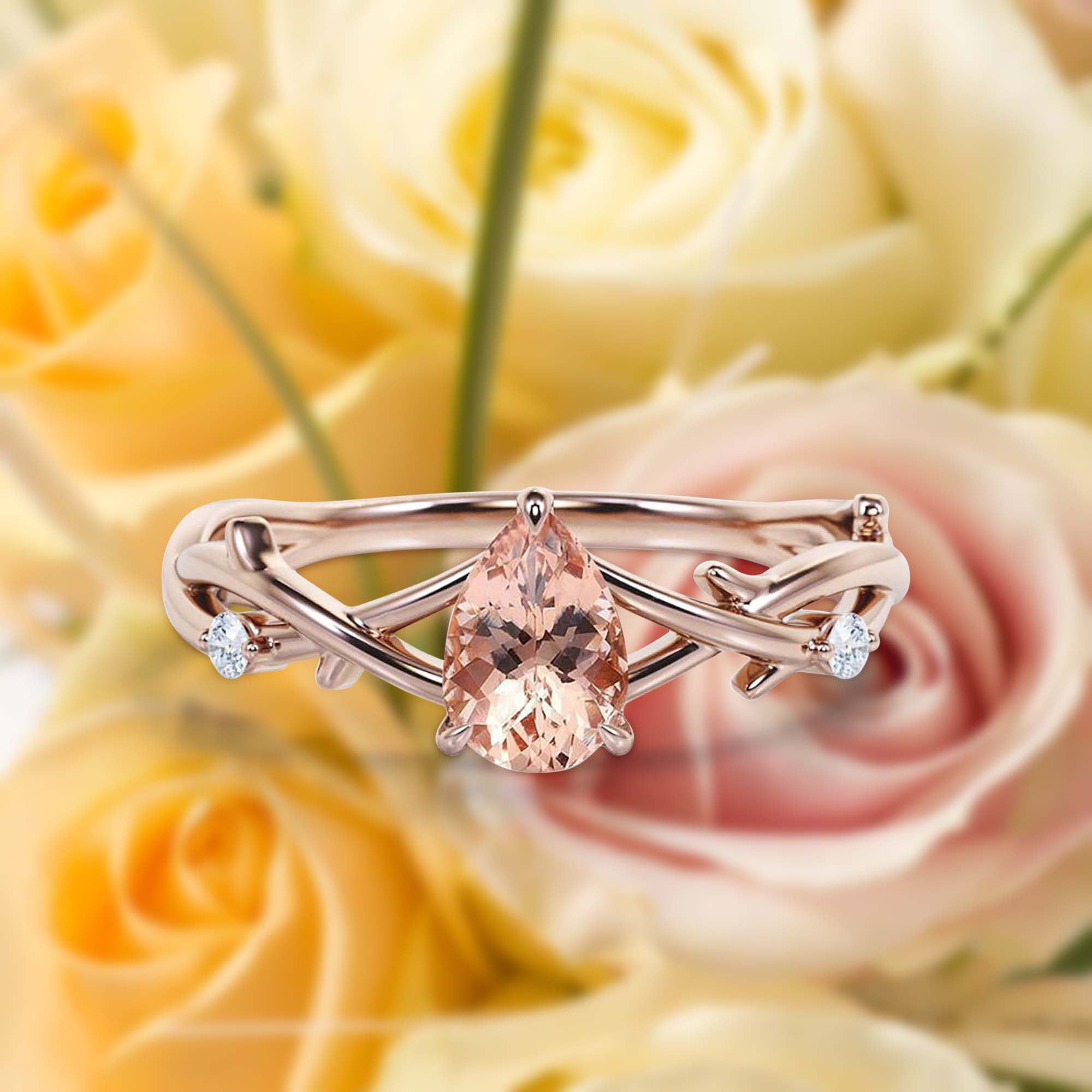 Boho hippie 1.10 Carat Pear Cut Morganite And Diamond Moissanite