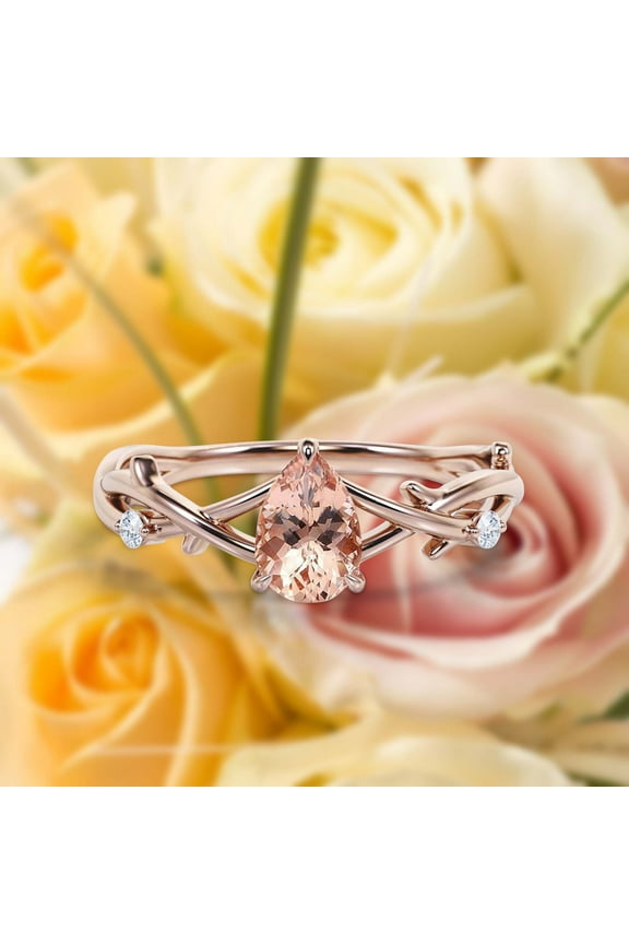 Boho & hippie 1.10 Carat Pear Cut Morganite And Diamond Moissanite Unique Engagement Ring, Wedding Ring, Inspired And Branch Ring in 10k Solid Rose Gold, Gift For Her, Surprise, Anniversary Ring