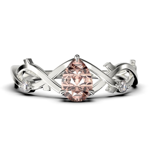 Boho & hippie 1.10 Carat Pear Cut Morganite And Diamond Moissanite Unique Engagement Ring, Wedding Ring, Inspired And Branch Ring in 925 Sterling Silver With 18k White Gold Plating Gift For Her