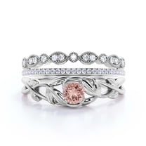 Boho & hippie 1.50 Carat Round Morganite And Diamond Moissanite Leaf Inspired Engagement Ring, Wedding Ring in 925 Sterling Silver With 18k White Gold Plating Promise Ring, Trio Set, Matching Band