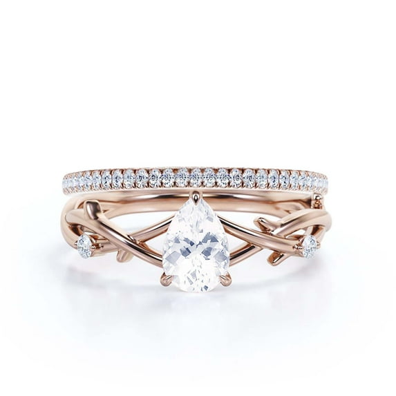 Boho & hippie 1.60 Carat Pear Cut Diamond Moissanite Unique Engagement Ring, Wedding Ring, Inspired And Branch Ring in 10k Solid Rose Gold, Gift For Her, Surprise, Promise Ring, Bridal Ring Set