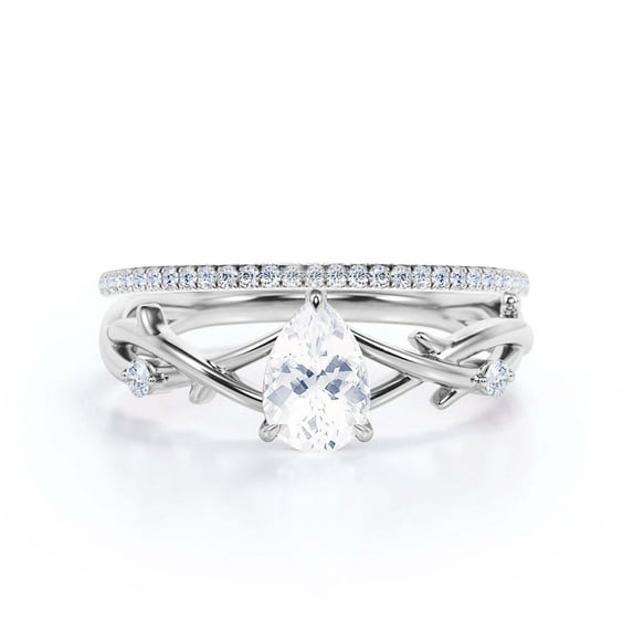 Boho & hippie 1.60 Carat Pear Cut Diamond Moissanite Unique Engagement Ring, Wedding Ring, Inspired And Branch Ring in 925 Sterling Silver With 18k White Gold Plating Gift For Her, Bridal Ring Set