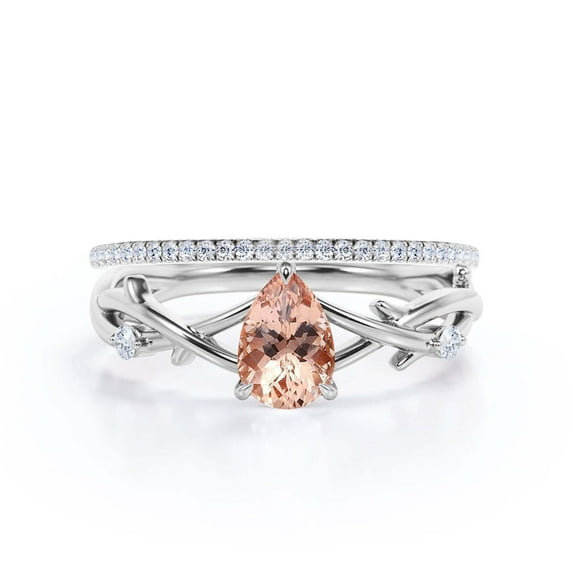 Boho & hippie 1.60 Carat Pear Cut Morganite And Diamond Moissanite Unique Engagement Ring, Wedding Ring, Inspired And Branch Ring in 10k Solid White Gold, Gift For Her, Surprise, Bridal Ring Set