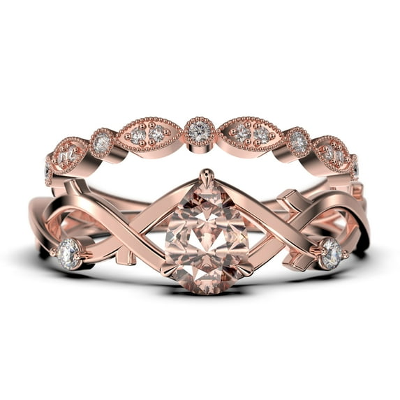 Boho & hippie 1.60 Carat Pear Cut Morganite And Diamond Moissanite Unique Engagement Ring, Wedding Ring, Inspired And Branch Ring in 925 Sterling Silver With 18k Rose Gold Plating, Bridal Ring Set