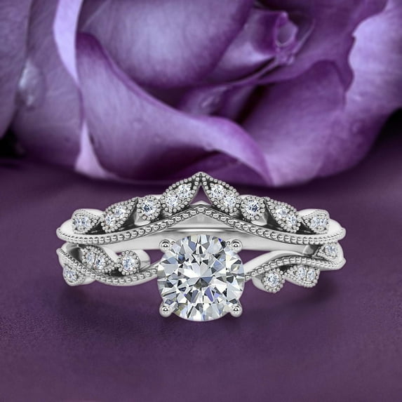 Boho & hippie 1.75 Carat Round Cut Diamond Moissanite Engagement Ring Set, Matching Curved Wedding Band in 925 Sterling Silver With 18k White Gold Plating Gift For Her, Promise Ring, Anniversary Ring