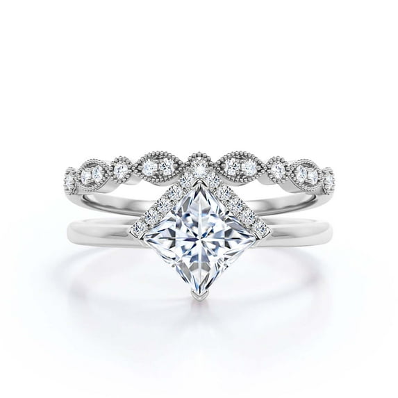 Boho & hippie 2.00 Carat Princess Cut Diamond Moissanite Dainty Engagement Ring, Classic Wedding Ring, One Matching Band in 10k Solid White Gold, Gift For Her, Promise Ring, Anniversary Ring, Bridal