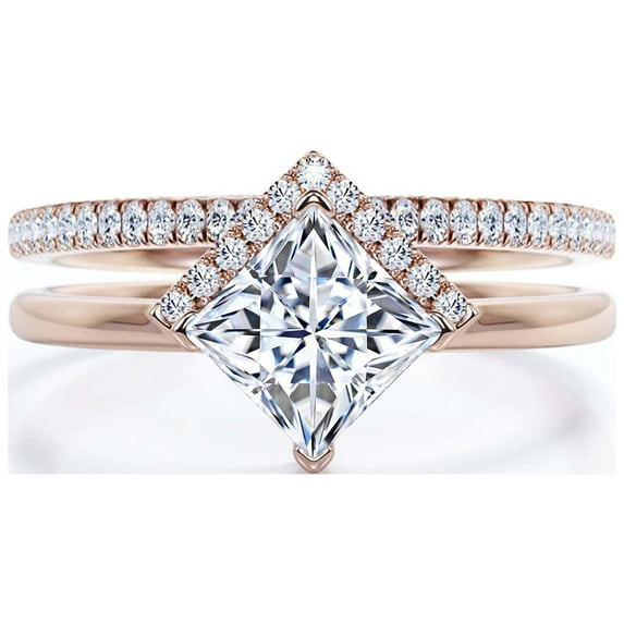 Boho & hippie 2.00 Carat Princess Cut Diamond Moissanite Dainty Engagement Ring, Classic Wedding Ring, One Matching Band in 925 Sterling Silver With 18k Rose Gold Plating, Gift For Her, Promise Ring