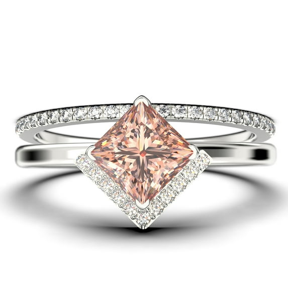Boho & hippie 2.00 Carat Princess Cut Morganite And Diamond Moissanite Dainty Engagement Ring, Classic Wedding Ring, One Matching Band in 10k Solid White Gold, Gift For Her, Promise Ring, Bridal