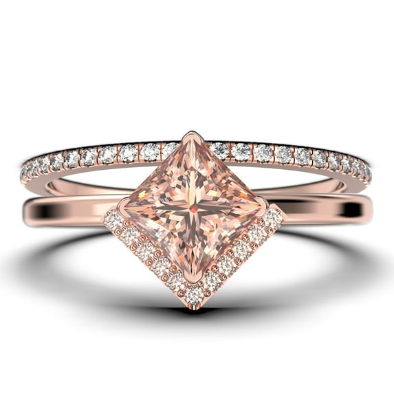 Boho & hippie 2.00 Carat Princess Cut Morganite And Diamond Moissanite Dainty Engagement Ring, Classic Wedding Ring, One Matching Band in 925 Sterling Silver With 18k Rose Gold Plating, Gift For Her