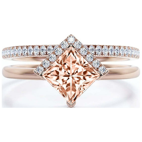 Boho & hippie 2.00 Carat Princess Cut Morganite And Diamond Moissanite Dainty Engagement Ring, Classic Wedding Ring, One Matching Band in 925 Sterling Silver With 18k Rose Gold Plating, Gift For Her