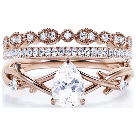 Boho & hippie 2.10 Carat Pear Cut Diamond Moissanite Unique Engagement Ring, Wedding Ring, Inspired And Branch Ring in 10k Solid Rose Gold, Gift For Her, Surprise, Promise Ring, Trio Ring Set