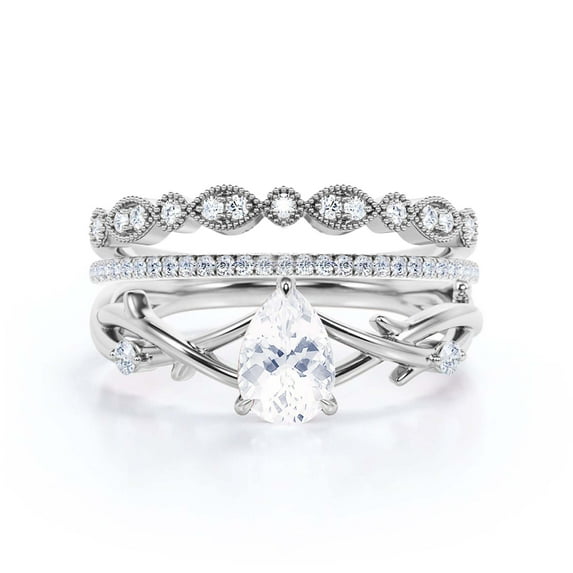 Boho & hippie 2.10 Carat Pear Cut Diamond Moissanite Unique Engagement Ring, Wedding Ring, Inspired And Branch Ring in 10k Solid White Gold, Gift For Her, Surprise, Promise Ring, Trio Ring Set