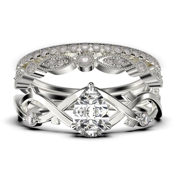 Boho & hippie 2.10 Carat Pear Cut Diamond Moissanite Unique Engagement Ring, Wedding Ring, Inspired And Branch Ring in 10k Solid White Gold, Gift For Her, Surprise, Trio Ring Set