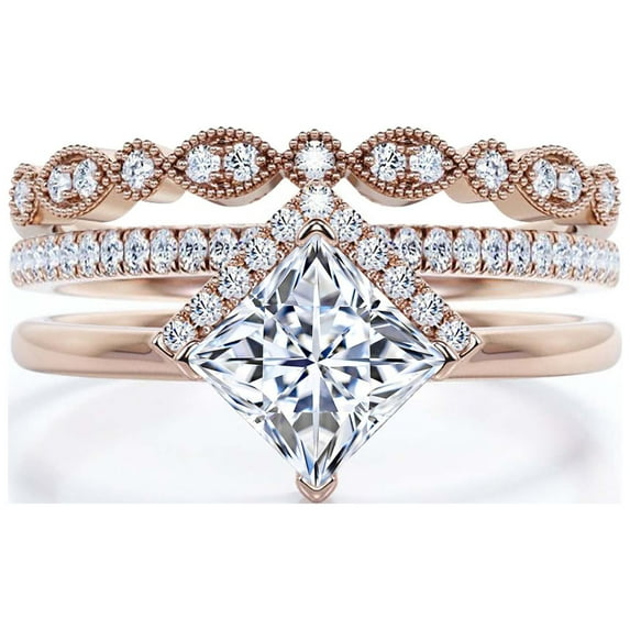 Boho & hippie 2.50 Carat Princess Cut Diamond Moissanite Dainty Engagement Ring, Classic Wedding Ring, Two Matching Band in 925 Sterling Silver With 18k Rose Gold Plating, Gift For Her, Promise Ring