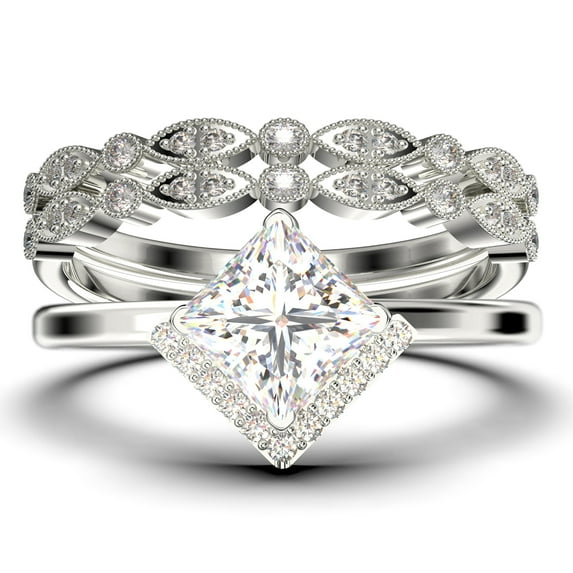 Boho & hippie 2.50 Carat Princess Cut Diamond Moissanite Dainty Engagement Ring, Classic Wedding Ring, Two Matching Band in 925 Sterling Silver With 18k White Gold Plating, Gift For Her