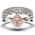 thumbnail image 1 of Boho & hippie 2.50 Carat Princess Cut Morganite And Diamond Moissanite Dainty Engagement Ring, Classic Wedding Ring, Two Matching Band in 10k Solid White Gold, Gift For Her, Promise Ring, Trio Set, 1 of 4