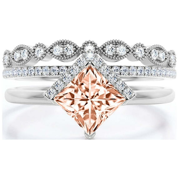 Boho & hippie 2.50 Carat Princess Cut Morganite And Diamond Moissanite Dainty Engagement Ring, Classic Wedding Ring, Two Matching Band in 925 Sterling Silver With 18k White Gold Plating, Gift For Her