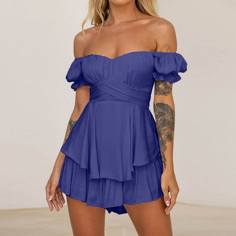 Boho off Shoulder Rompers for Women Summer Ruffle Layer Lantern Sleeve Short Jumpsuit Zip Up Tie Back Dressy Jumpers Navy M