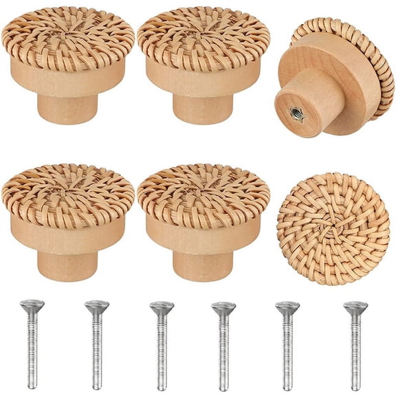 Boho rattan knobs, Round Wooden Drawer Knobs Handmade Wicker Woven and Screws for Boho Furniture Knobs（6Pcs）