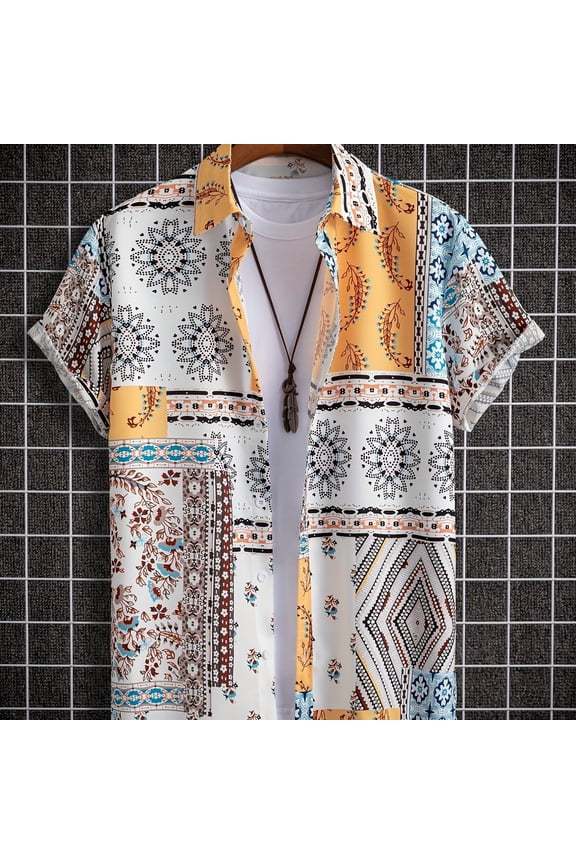 Boho style random pattern men's casual short-sleeved shirt, summer resort men's shirt, men's tops, men's gifts,XL,Mixed colors