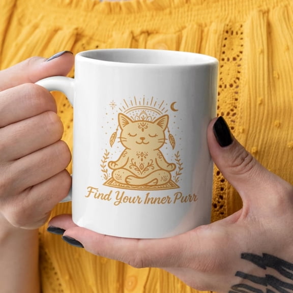Boho t Yoga Mug Meditating Feline Ceramic Coffee Cup.