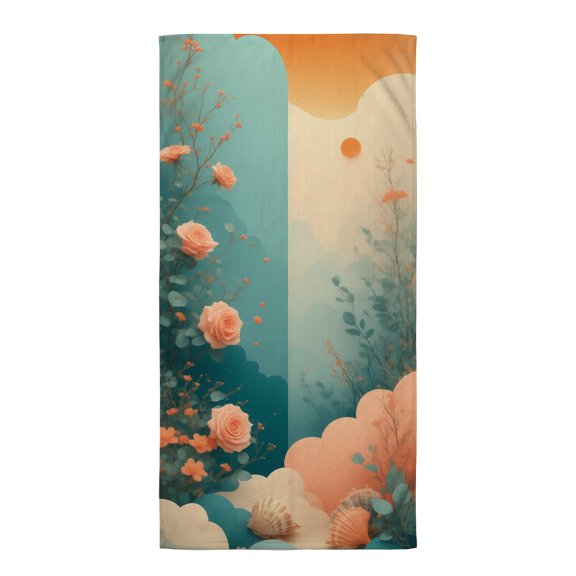 Boho towels A painting of flowers and shells on a blue and orange background beach yowels large beach towels oversized thin beach towels quick drying beach towel adult