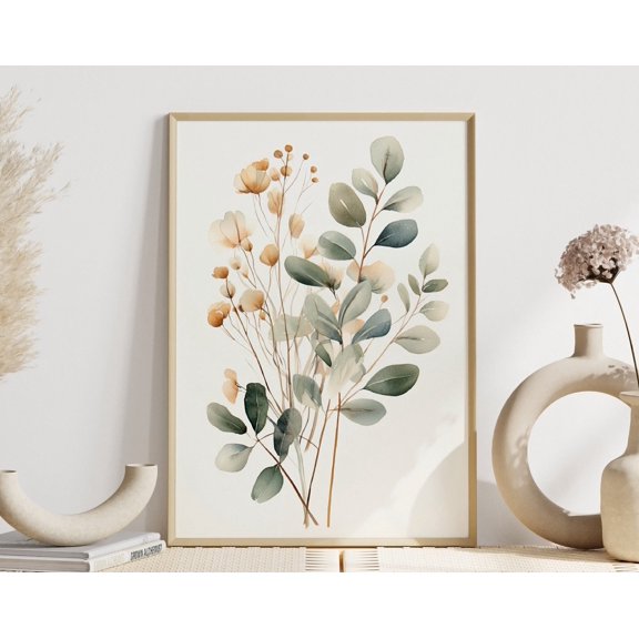 Boho wall art Eucalyptus branches and flowers Watercolor plant poster Bohostyle plant post