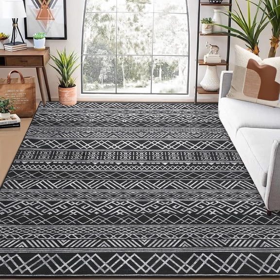 BohoWashable Area Rug, Entryway Small Throw Rug Non-Slip Accent Rugs Geometric Distressed Floor Carpet Door Mat for Bedroom Kitchen Living Room Rug, Grey, 2' x 3'