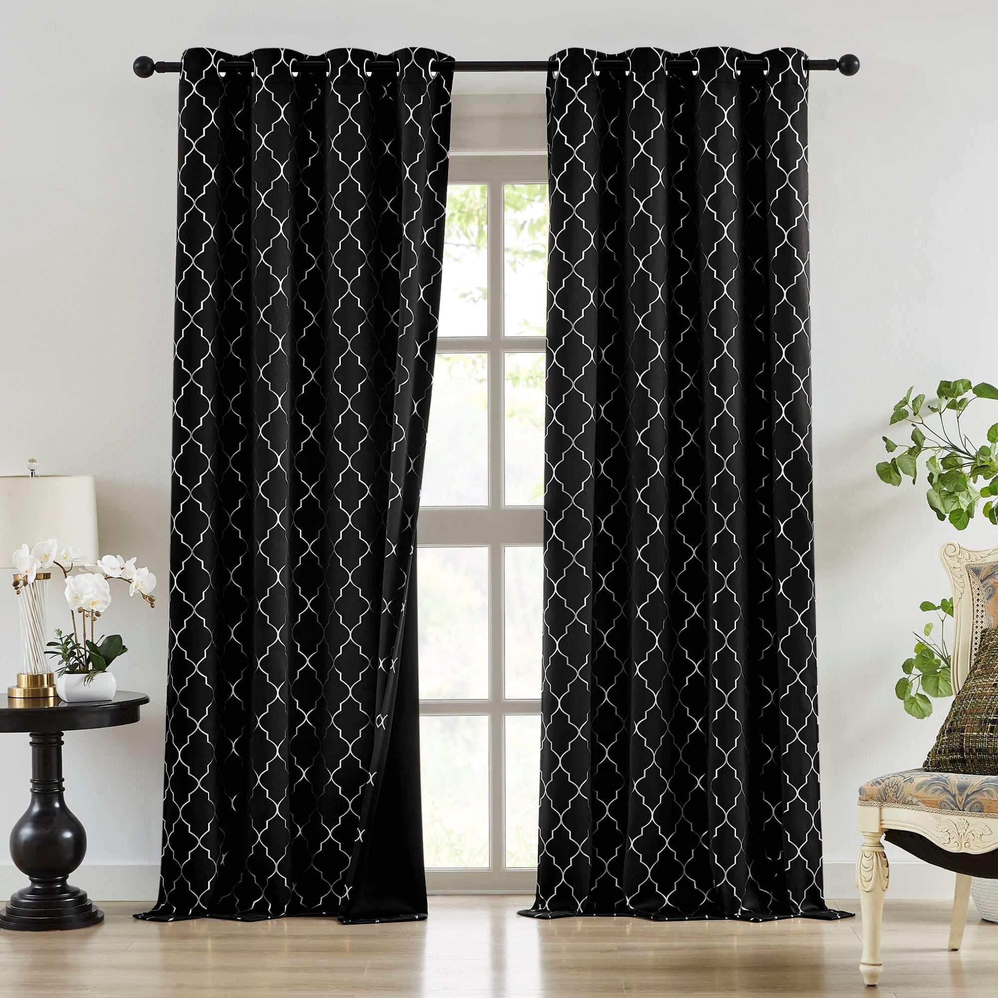 Bohogeo 84 Inches Full Blackout Window Curtain Panels for Bedroom Living Room,Silver Geo Metallic Moroccan Printed Pattern on Black Drapes,Modern Room Darkening Window Treatment,52" Wx84 L(Pack of 2)