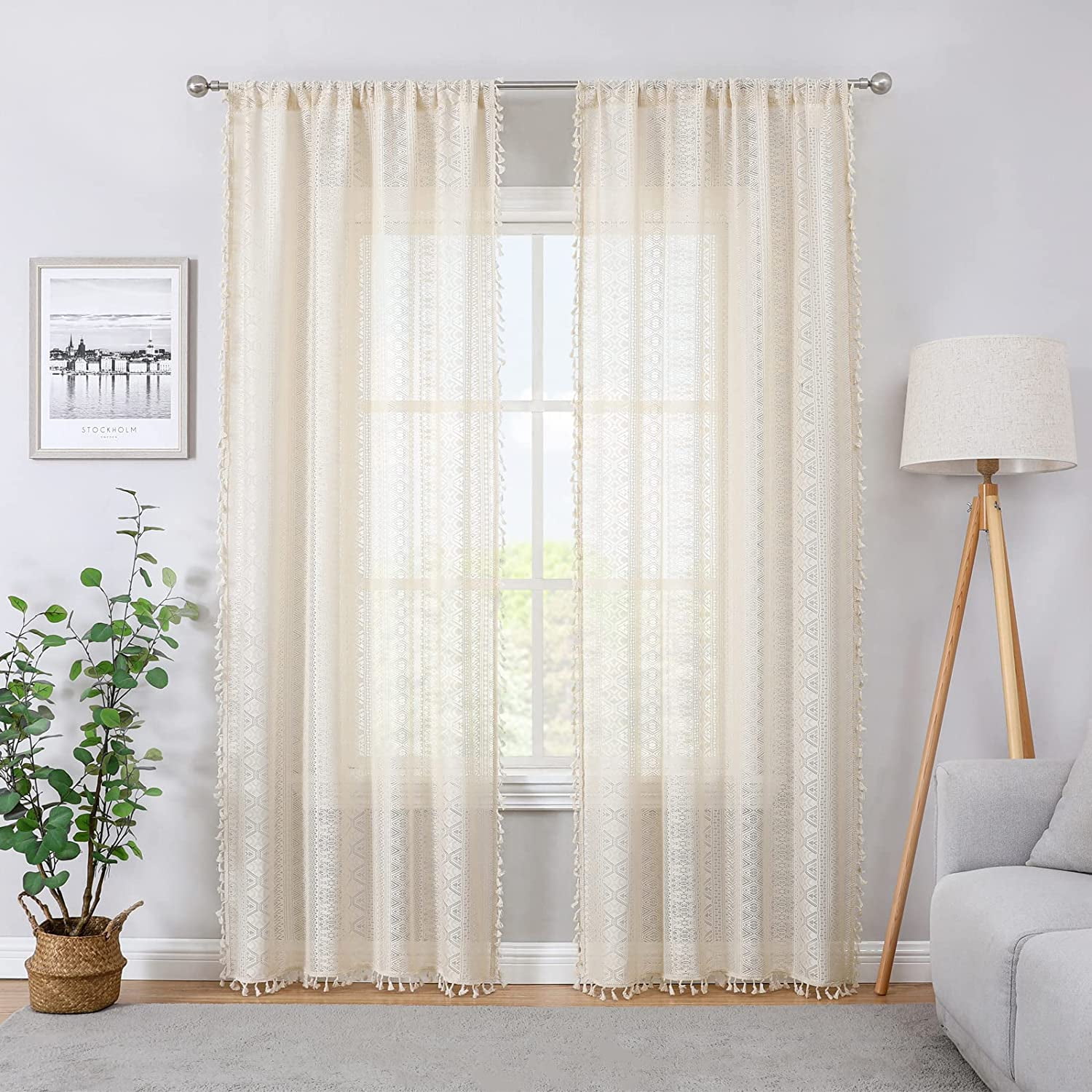 Bohogeo Beige Boho Linen Tassel Sheer Lace Curtains,Chic Crochet