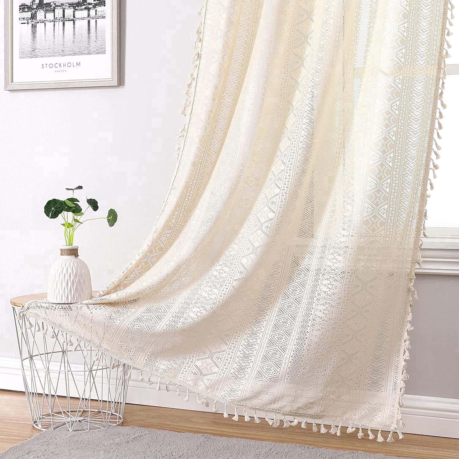 Bohogeo Beige Linen Textured Tassel Sheer Lace Curtain Panels, Farmhouse Chic Crochet Geometry Knitting Rod Pocket Window Drapes for Living Room/Bedroom or Kid Room, 2 Panels,Beige, 95" L x 40" W