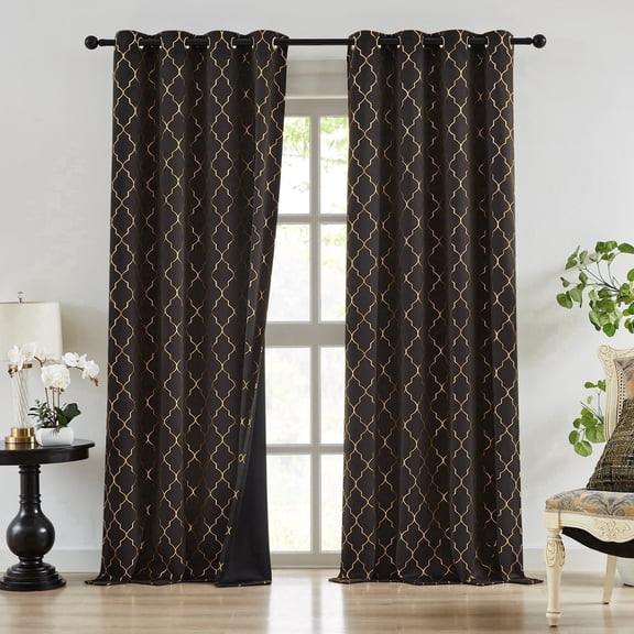 Bohogeo Black Full Blackout Curtain Panels with Gold Geo Metallic Moroccan Printed Pattern,Short Modern Room Darkening Drapes,Grommet Window Treatment for Bedroom,52" Wx63 L(Pack of 2),Black/Gold
