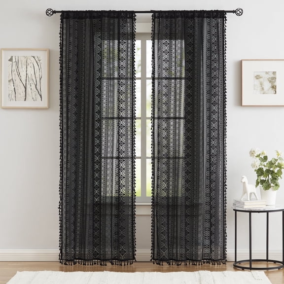 Bohogeo Black Linen Textured Tassel Sheer Lace Curtain Panels, Chic Crochet Geometry Knitting Rod Pocket Window Drapes for Living Room Bedroom, 2 Panels,63" L x 40" W