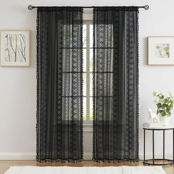 Bohogeo Black Linen Textured Tassel Sheer Lace Curtain Panels, Chic Crochet Geometry Knitting Rod Pocket Window Drapes for Living Room Bedroom, 2 Panels,63" L x 40" W