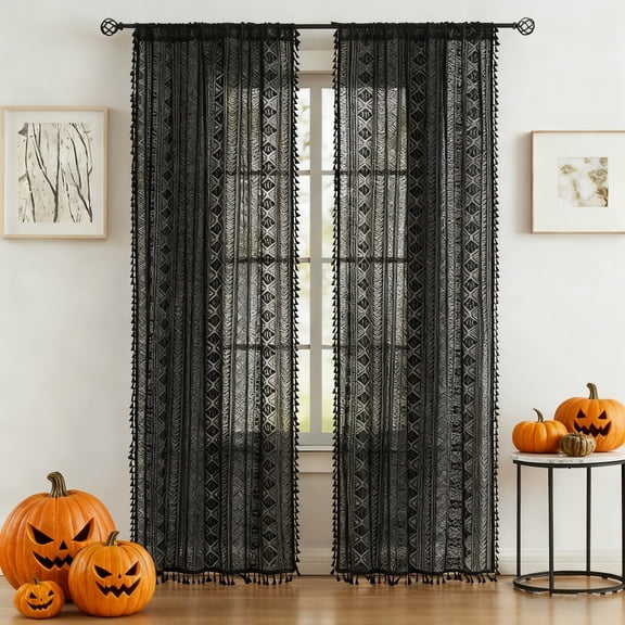 Bohogeo Black Linen Textured Tassel Sheer Lace Curtains, Chic Crochet Geometry Knitting Rod Pocket Window Drapes for Living Room Bedroom, 2 Panels,95" L x 40" W