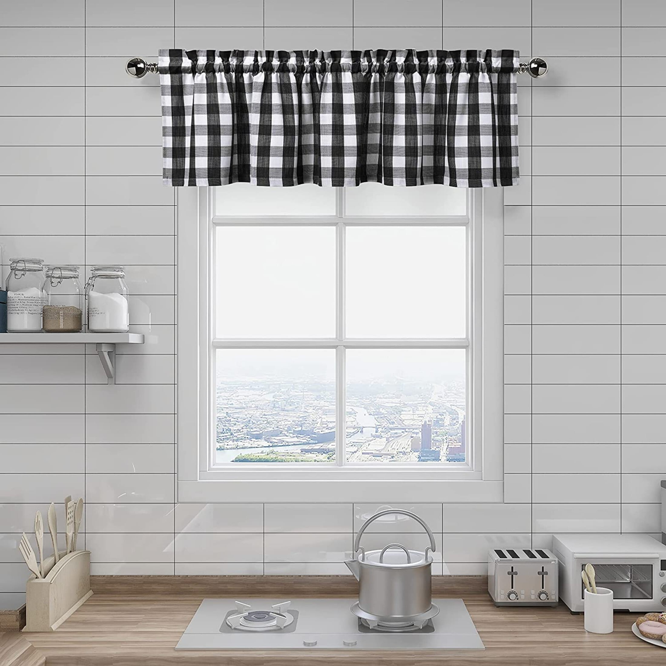 Bohogeo Checkered Buffalo Plaid Kitchen Valance Curtains, Black and ...
