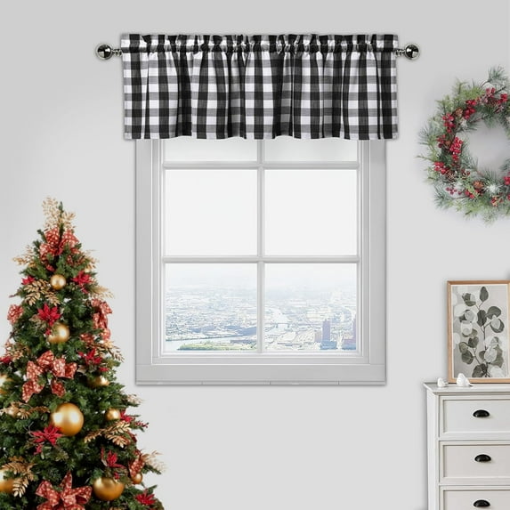 Bohogeo Black and White Buffalo Plaid Kitchen Valance Curtains, Checkerd Cafe Valance for Window Treatment, 55 x 15 inch