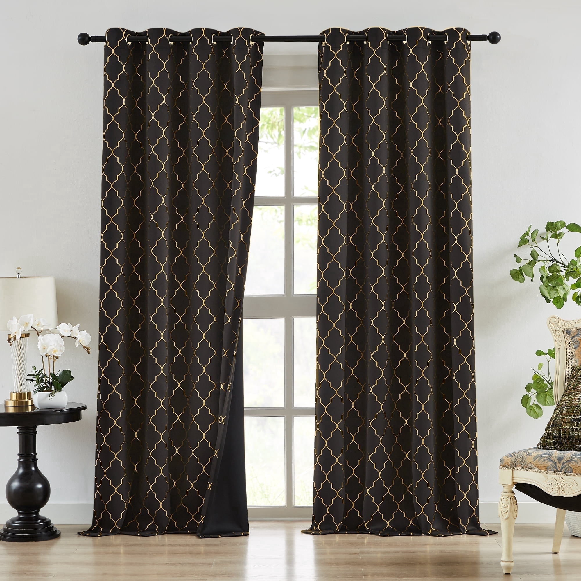 Bohogeo Blackout Window Curtain Panels for Bedroom,Gold Geo Metallic Moroccan Pattern Printed on Black Drapes,Modern Room Darkening Window Treatment,Grommet Top,52" Wx95 L(Pack of 2),Black/Gold