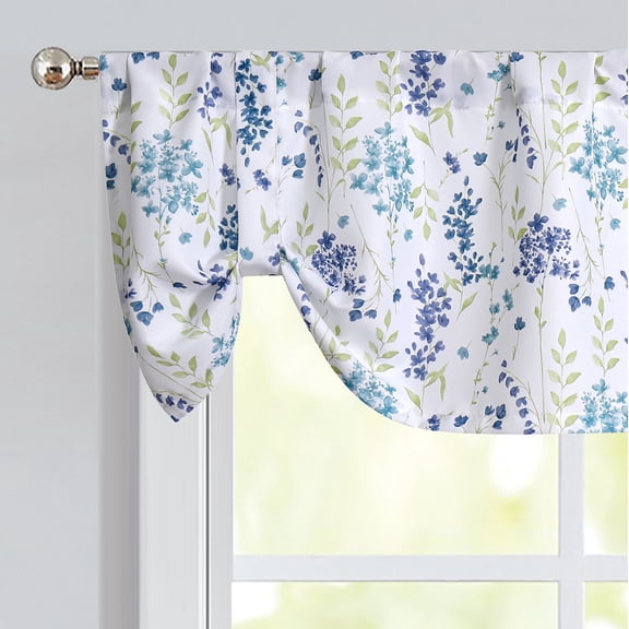 Bohogeo Blue Floral Tie-up Kitchen Curtain Valance Colorful Botanical Flower Print, Farmhouse Rod Pocket, 56" Wx 15" L, Watercolor, 1 Panel