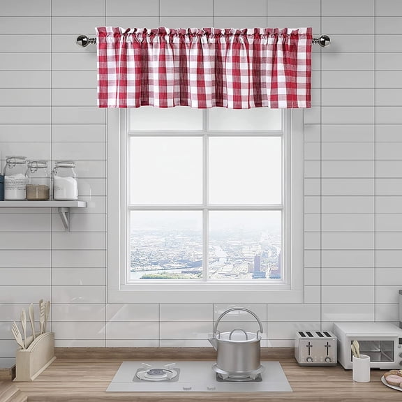 Bohogeo Buffalo Check Kitchen Curtain Valances, Rod Pocket Plaid Cafe Red Curtains for Window Treatment, 55" x 15", Red/White