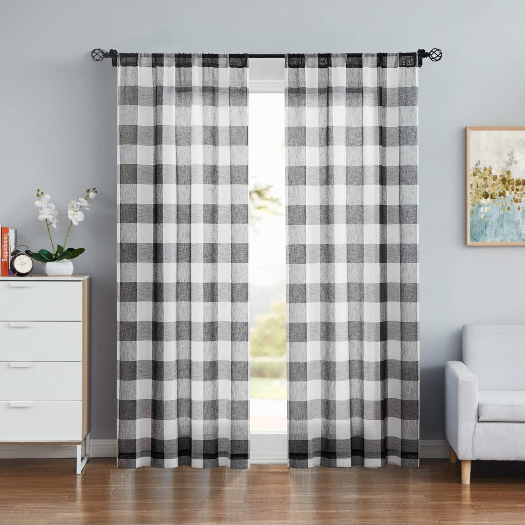 "Bohogeo Buffalo Plaid Semi Sheer Gingham Kitchen Curtain, Country ...