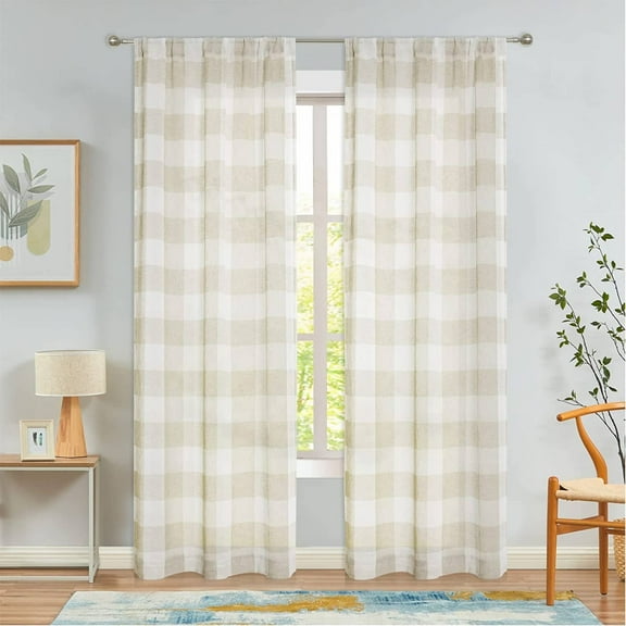 Bohogeo Buffalo Gingham Plaid Sheer Country Kitchen Curtain Panels, Geometric Check Rod Pocket Tan and White Curtain Drapes for Bedroom or Living Room, 38"x54", Tan, 2 Panels