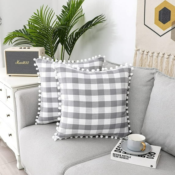 Bohogeo Buffalo Plaid Check Throw Pillow Covers for Sofa Couch Bedroom Living room, 18x18 Inch, Gray and White,Set of 2