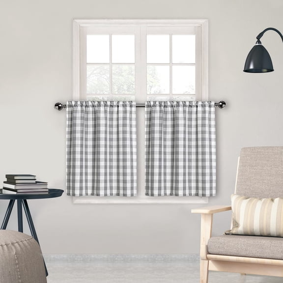 Bohogeo Buffalo Plaid Check Tier Curtains for Kitchen, Rod Pocket Farmhouse Linen Gingham Short Window Curtain Panels, 28" W x 24" L, Sliver/Gray, Set of 2