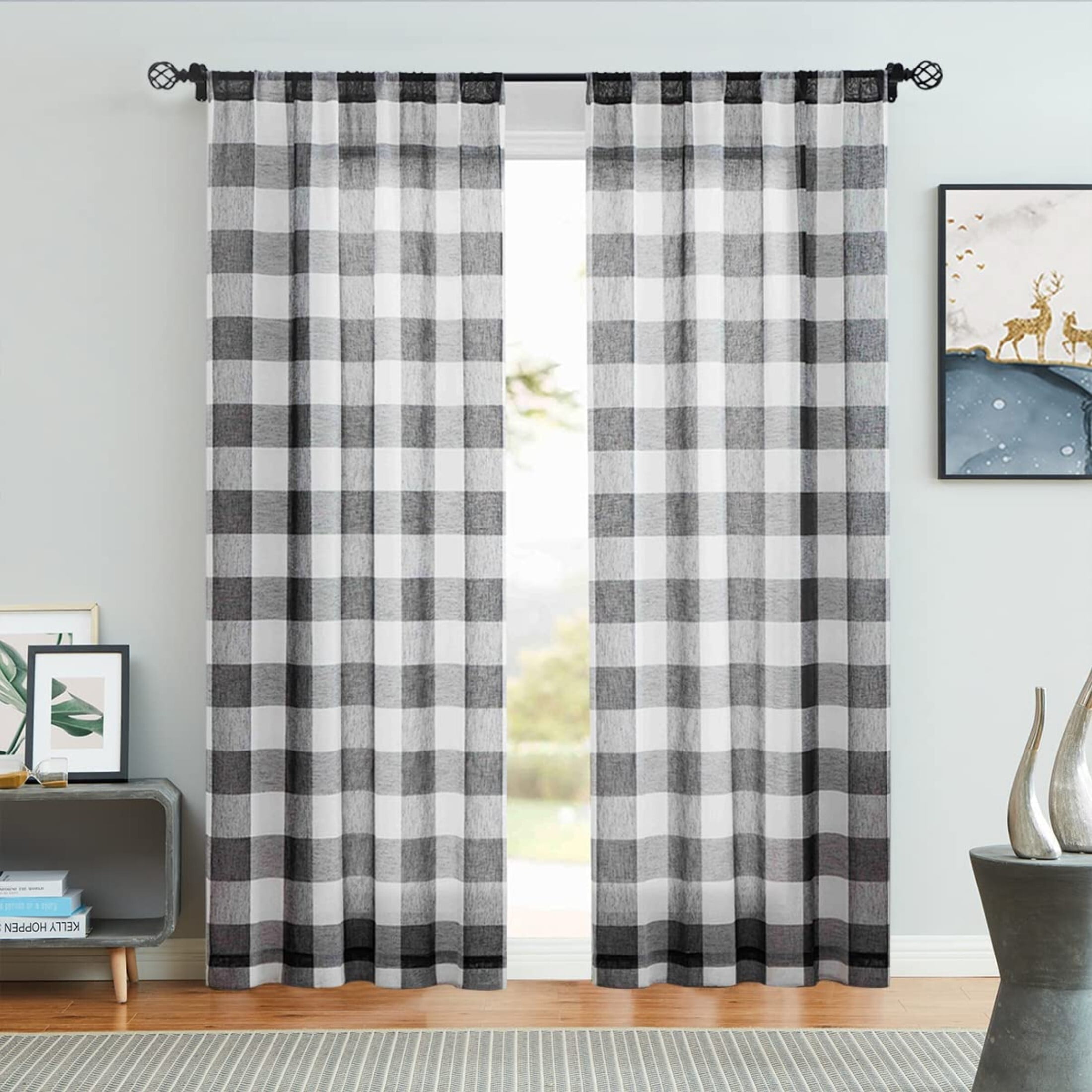 Bohogeo Buffalo Plaid Curtains Black and White Voile Window Curtain Panels 84 Inch Length for Bedroom & Living Room (2 Panels,38"x84", Black)