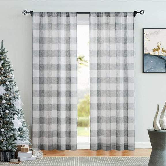 Bohogeo Buffalo Plaid Farmhouse Country Kitchen Curtain Panels, Gray Checker Gingham Sheer Rod Pocket Curtain Decors for Bedroom & Living Room, 2 Panels, 38"x84"