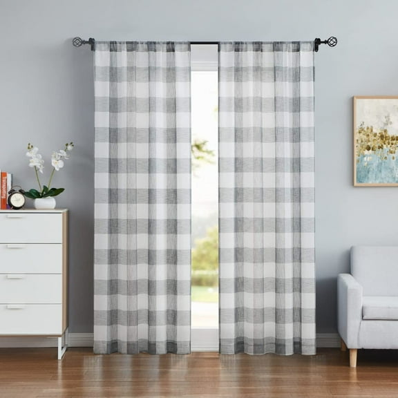 Bohogeo Buffalo Plaid Farmhouse Country Kitchen Curtain Panels, Gray Checker Gingham Sheer Rod Pocket Curtain Decors for Bedroom & Living Room, 2 Panels, 38"x84"