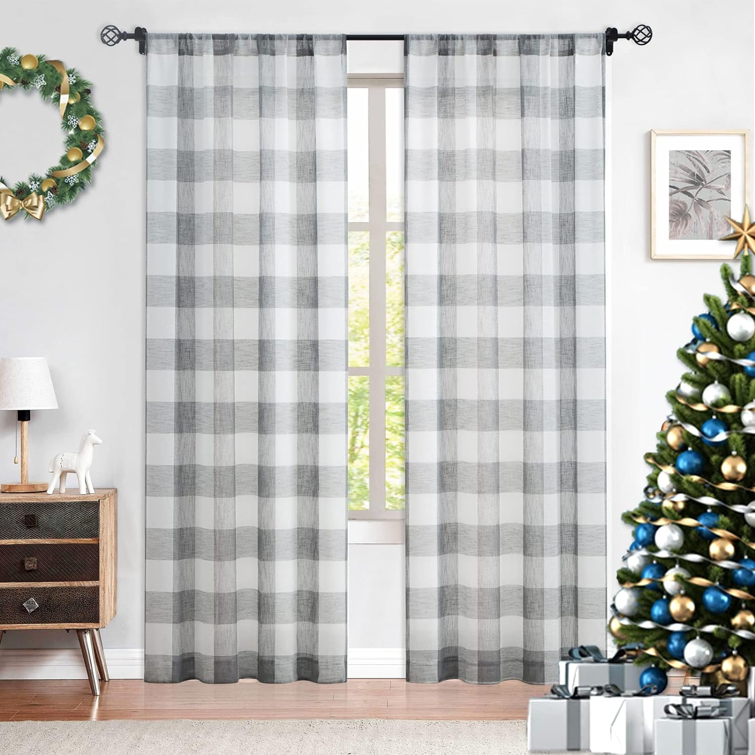 Bohogeo Buffalo Plaid Farmhouse Kitchen Curtains, Gray Checker Sheer